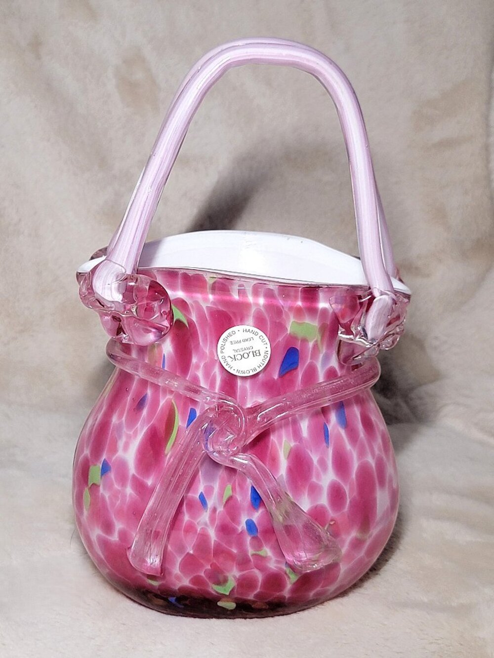 VTG Block Crystal Art Glass "Catherine" Pink Handbag Vase Mouth Blown Hand Cut